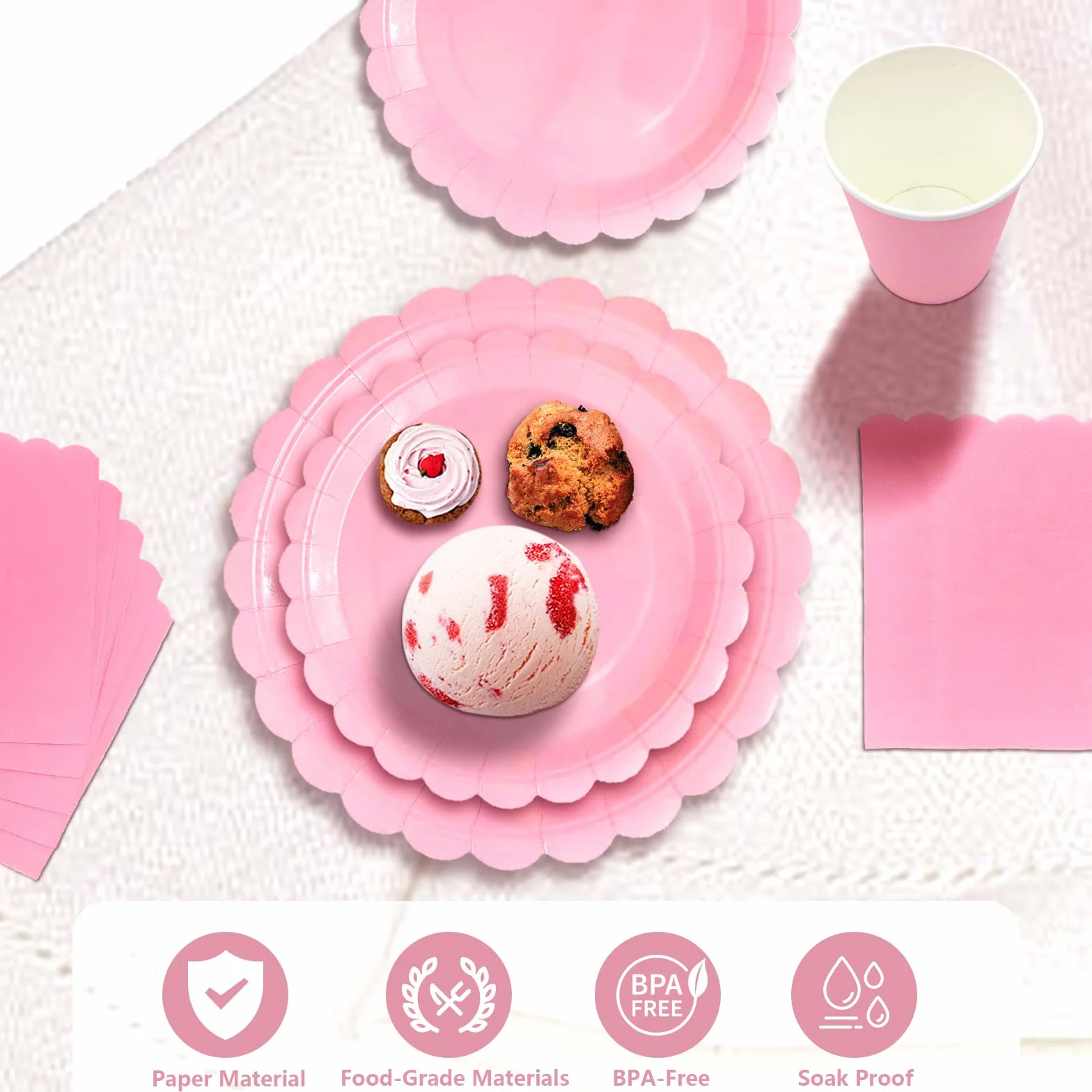 Stoviglie per Feste 96 Pezzi Rosa Chiaro Set Piatto Carta Tazze Tovaglioli 24 Ospiti