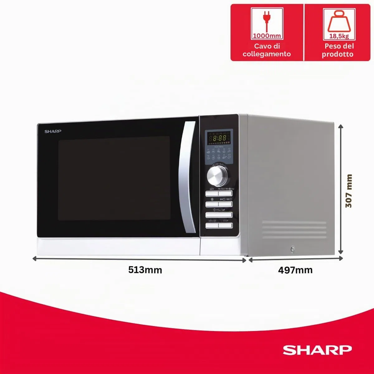 Sharp R843INW microonde 3 in 1 con aria calda, grill e convezione / 25 L/1000 W grill / 2500 convezione / 10 programmi automatici / programma pizza / piatto rotante in metallo (30 cm) / argento