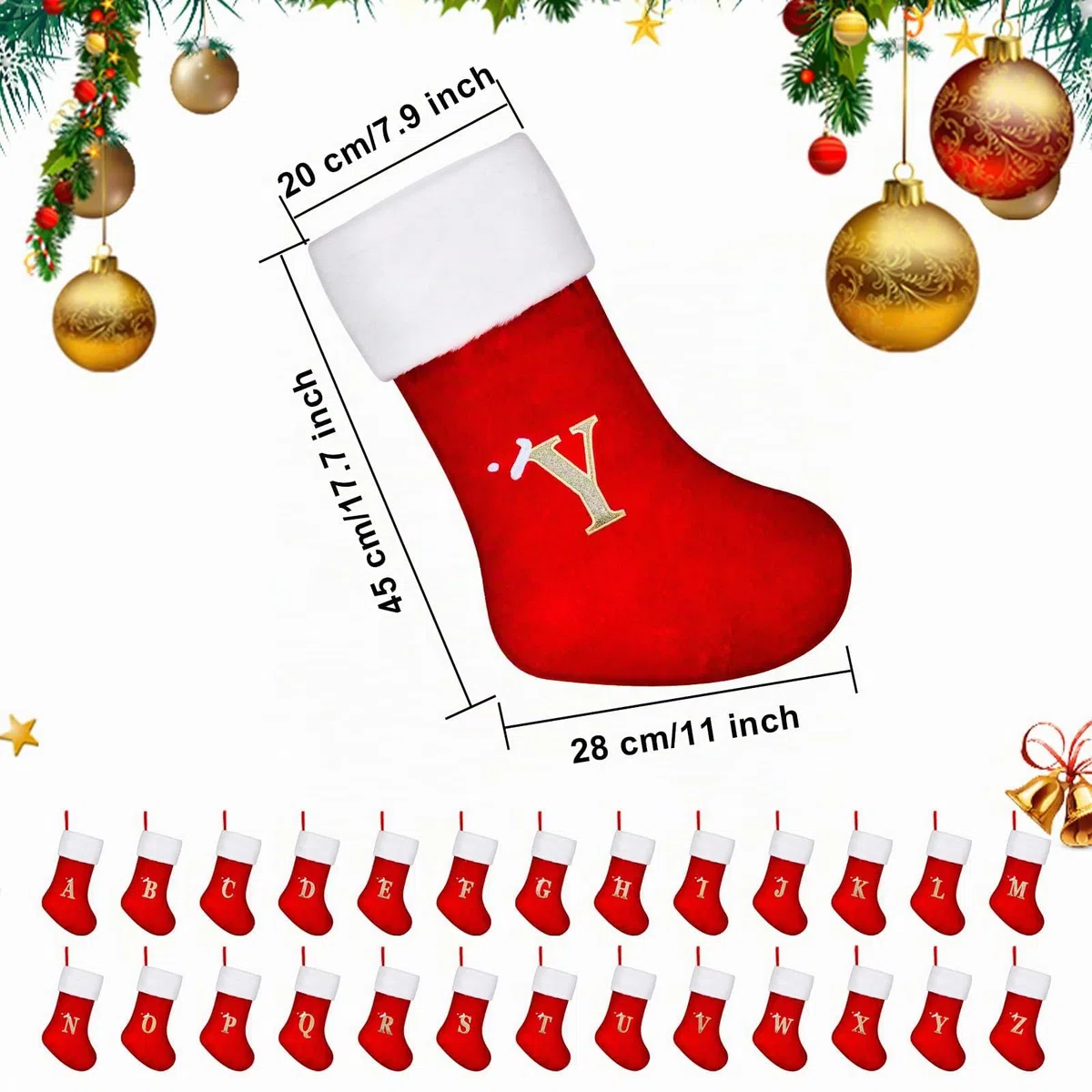 TOPWAYS Calze di Natale, Grandi Calze Ricamate con Monogramma Natalizio Personalizzate con Lettere, Calze Rosse di Babbo Natale da Appendere al Camino per Decorazioni Natalizie Regalo di Natale (G)
