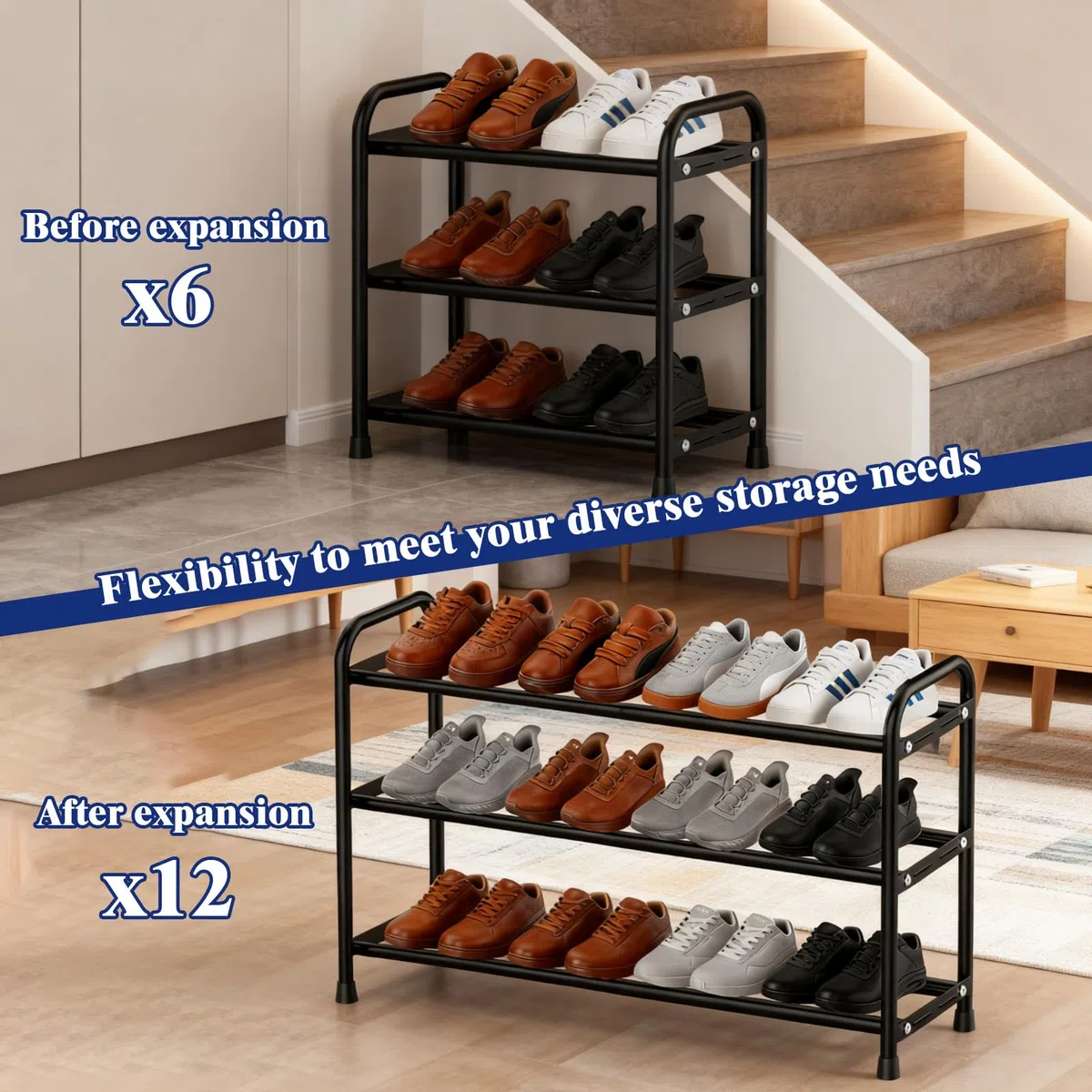 Rastrelliera Scarpe, Scarpiera Espandibile, Scaffale Porta Scarpe in Metallo a 3 Ripiani, Organizzatore per Scarpe Regolabile Nero, Organizer Scarpe Ideale per Corridoio, Armadio, Ingresso
