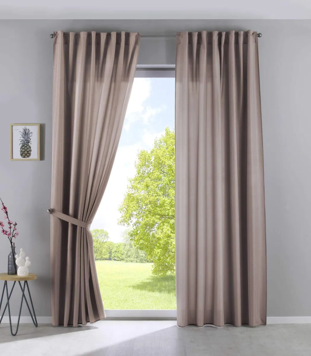 Gardinenbox Cationic Jena 2019037-2 - Set di 2 tende con passanti nascosti, 250 x 140 cm (altezza x larghezza), effetto lino, oscuranti, con fermatenda, colore: grigio talpa