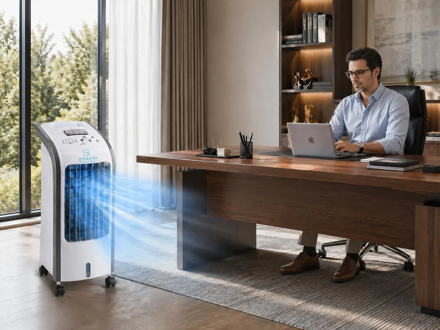 O'FRESH Condizionatore d'aria portatile 3 in 1 - Rinfresca efficacemente l'ambiente - Spegnimento automatico - 80 W - 57 x 26 x 24 cm - Bianco - Rinfrescatore d'aria - Telecomando
