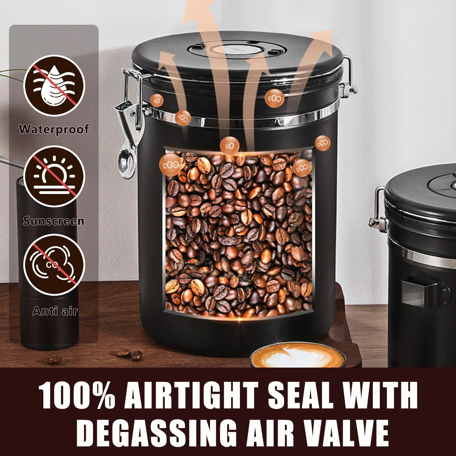 Barattolo Caffe (1,5L), Contenitore Ermetico Caffè, Materiale In Acciaio Inossidabile, con cucchiaio incluso,adatto per conservare chicchi di caffè, spezie, tè e noci (Nero)