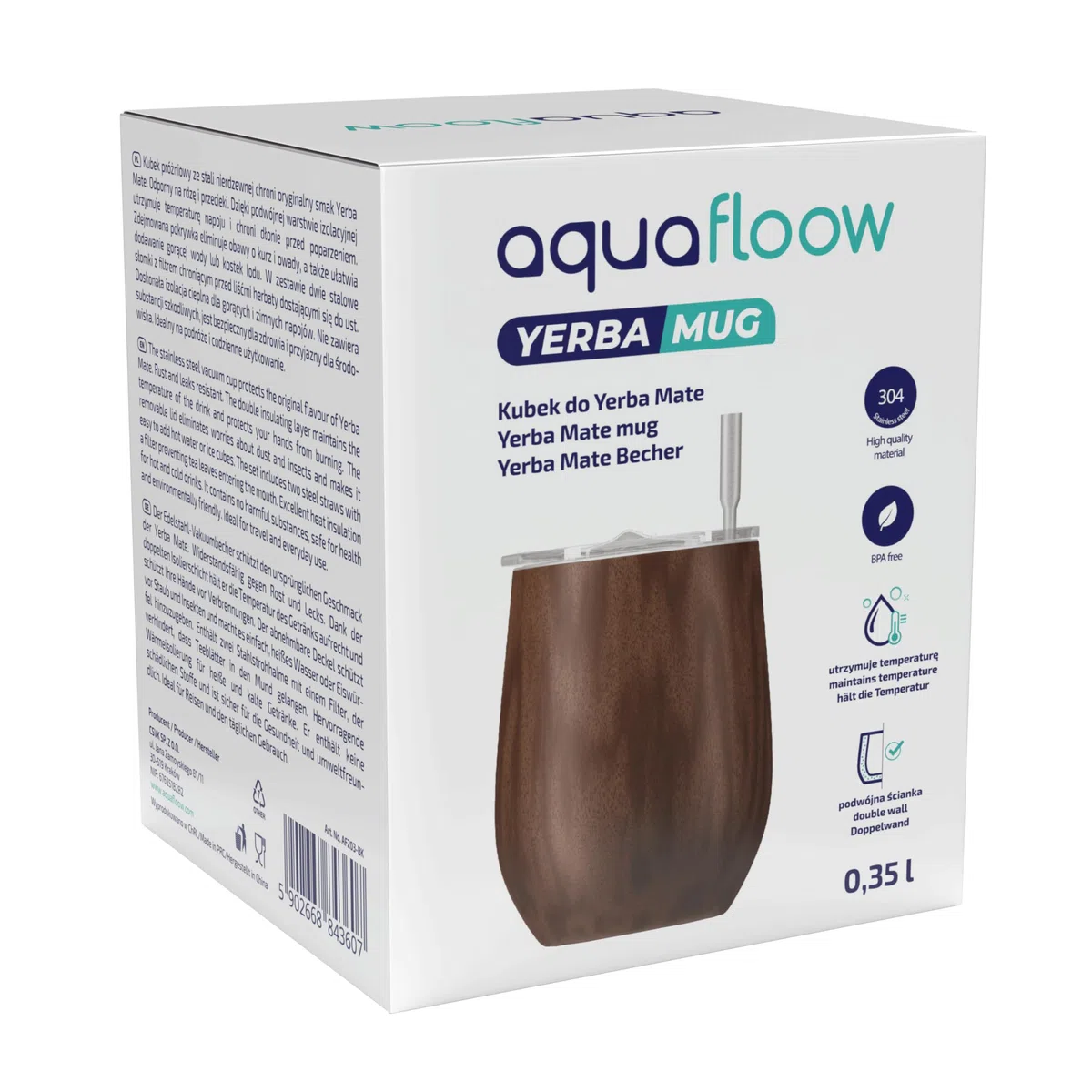 Aquafloow Tazza Yerba Mate a Doppia Parete 350 ml, Mate Argentino + 2 Pezzi Cannucce in Acciaio | Coperchio senza BPA, Set da Tè in Acciaio Inox per Yerba, Mate – Marrone