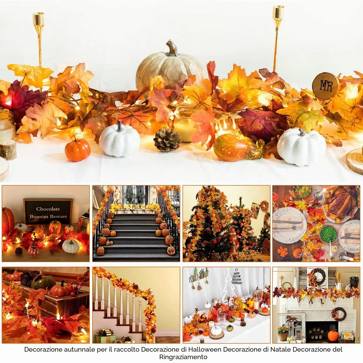 2 Pezzi Ghirlanda Foglie d'Acero Artificiali, OEMG 3,6m Ghirlanda Autunnale con 2 Luci e 4 Ganci, Ghirlande Foglie Autunnali Finte per Decorazioni Natalizie Halloween Autunno Ringraziamento Camino