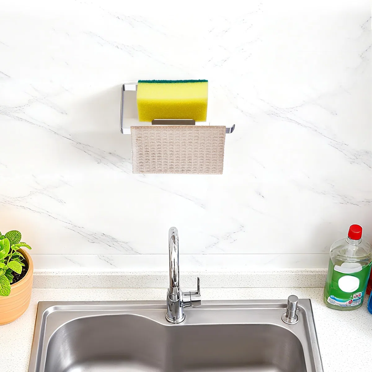 Porta Spugne Lavello Cucina, Portaspugne per Lavello Cucina Autoadesivo, 2 in 1 Porta Spugnette Lavandino Cucina da appendere, Acciaio Inox Porta Stracci Cucina, Argento
