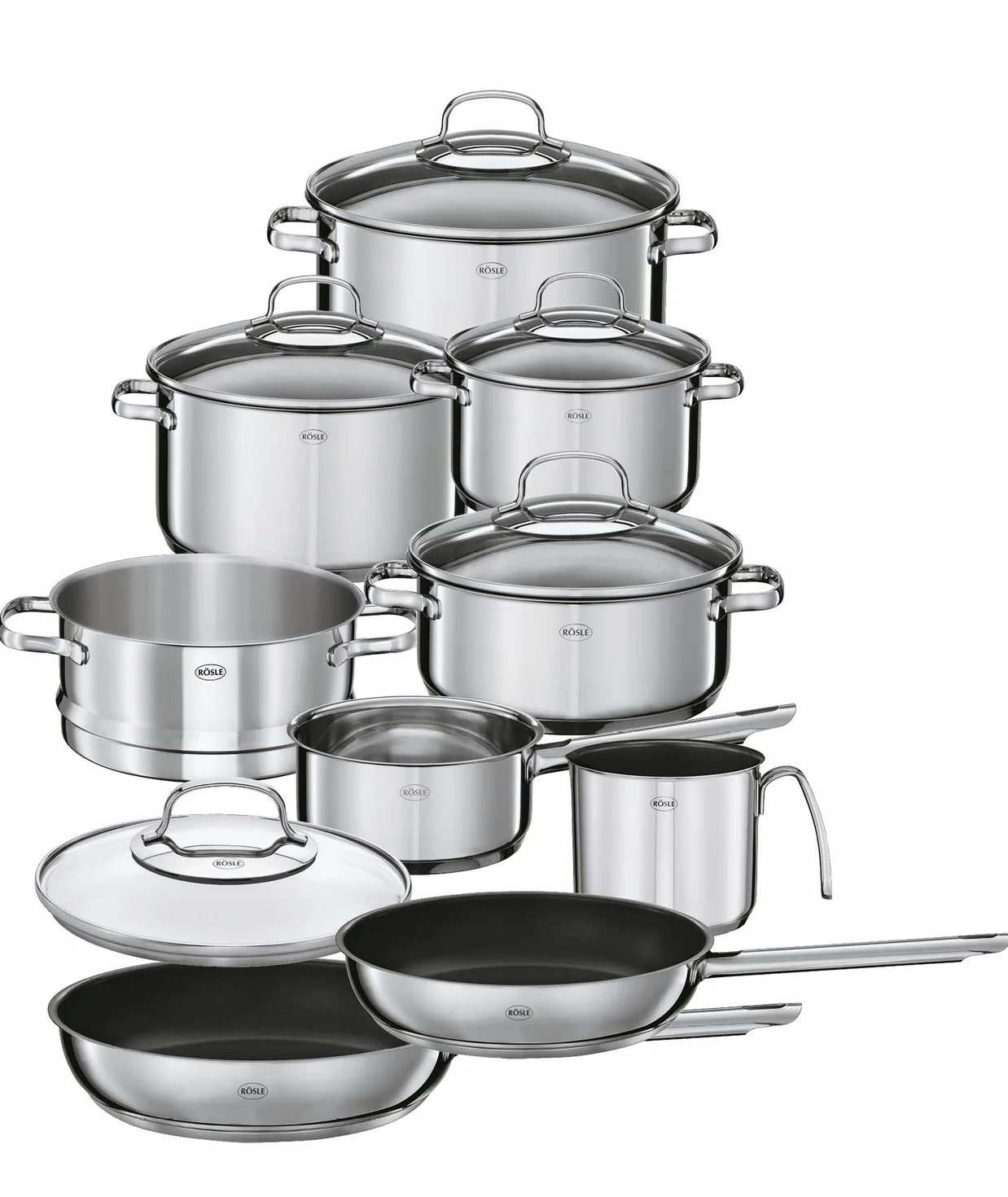 RÖSLE ELEGANCE batteria di pentole da 10 pezzi, 6 pentole da cucina, 1 inserto per la cottura a vapore, 2 padelle nel set, acciaio inox 18/10, adatta alla lavastoviglie e ai piani cottura a induzione