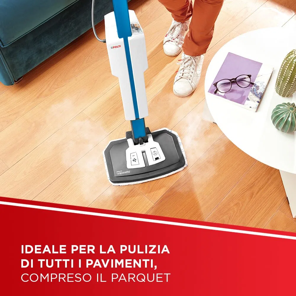 Polti Vaporetto SV620 Style, Scopa a Vapore con Pulitore Portatile Integrato, Potenza Max 1500 W, 15 Accessori, Filtro Anti Calcare, Autonomia Illimitata, Parking Verticale, Blu e Bianco