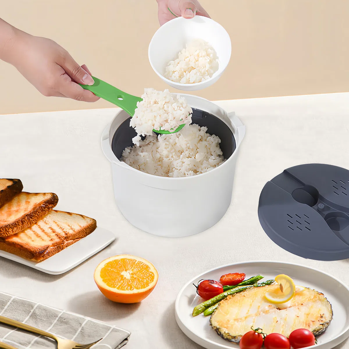 Cuociriso per Microonde, 7.28*5.12Pollices Pentola a Vapore Antiaderente, Set Pentole Preparazione Cuoci Riso Cereali per microonde Sistema Rice Cooker Cuociriso Cereali Container Steam Cooking