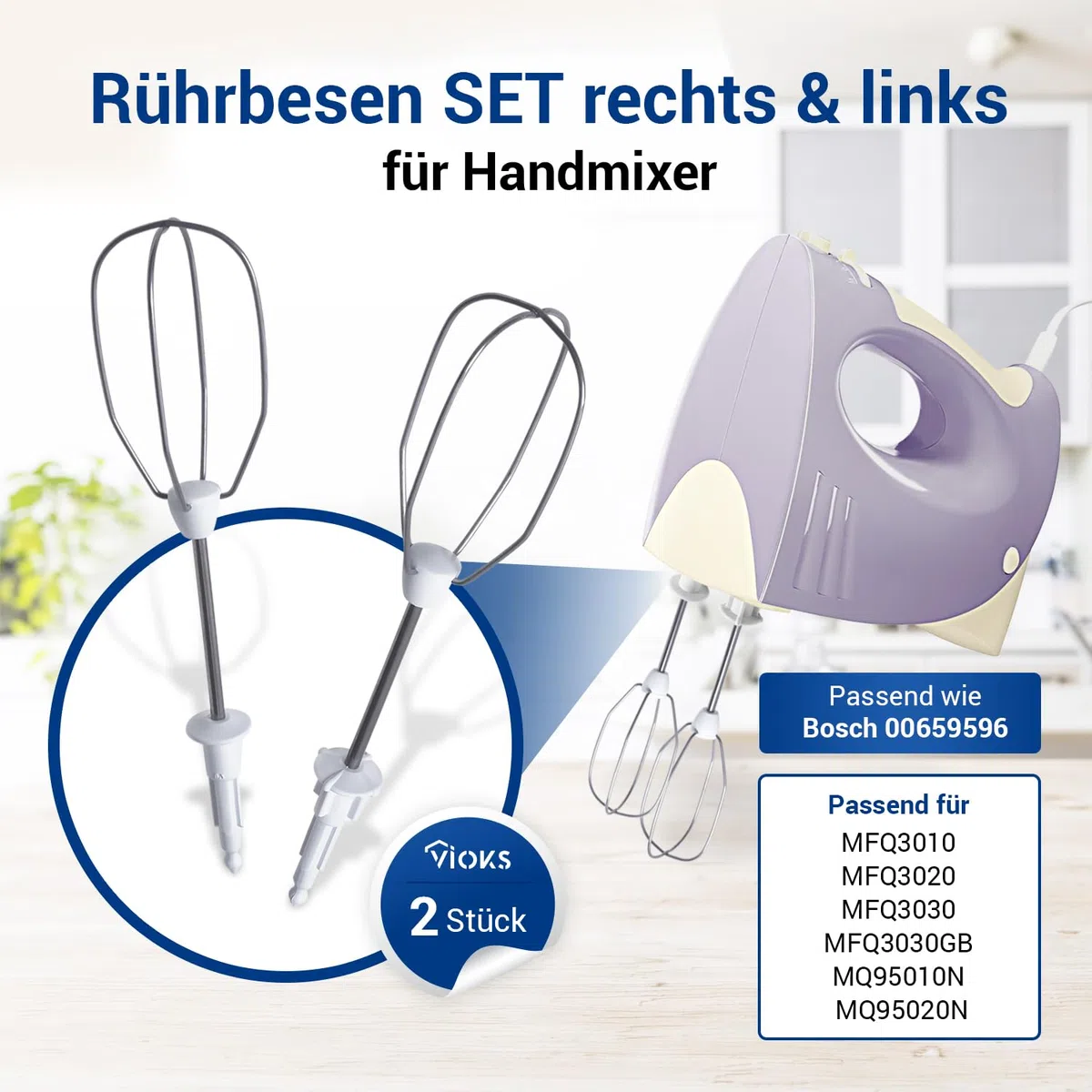 VIOKS Frusta per frusta a destra sinistra di ricambio per Bosch Siеmens 659596 00659596 - frusta per mixer manuale CleverMixx MFQ3010 MFQ3020 MFQ3030 MFQ3030GB myMix MQ95010N MQ95020N