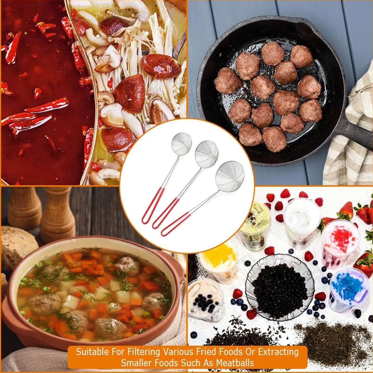 Cucchiaio Forato in Acciaio Inossidabile, Set di 3 Scolapasta in Acciaio Inossidabile,Colino a Ragno, Cucchiaio a Rete da Cucina, Cucchiaio Forato per Colino per Pasta, per Friggere in Cucina