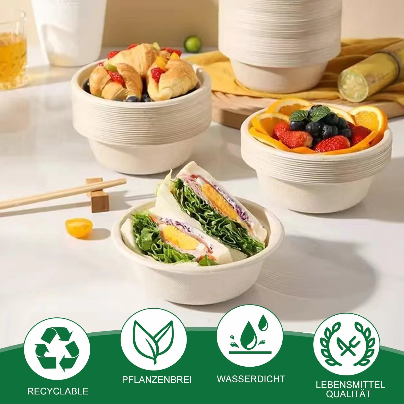 100 ciotole ecologiche usa e getta, 350 ml, ciotole monouso in canna da zucchero, ciotole di carta usa e getta, ciotole per zuppa biologiche compostabili