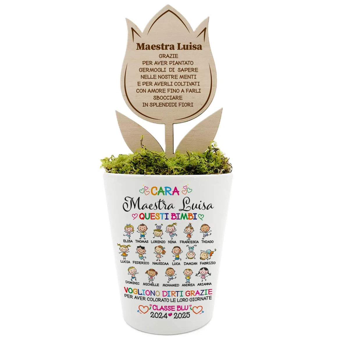 Regalo Maestra Fine Anno Personalizzato con Nomi Bambini – Vasetto Decorativo con Fiore in Legno Inciso – Idea Regalo Insegnante Originale Classe
