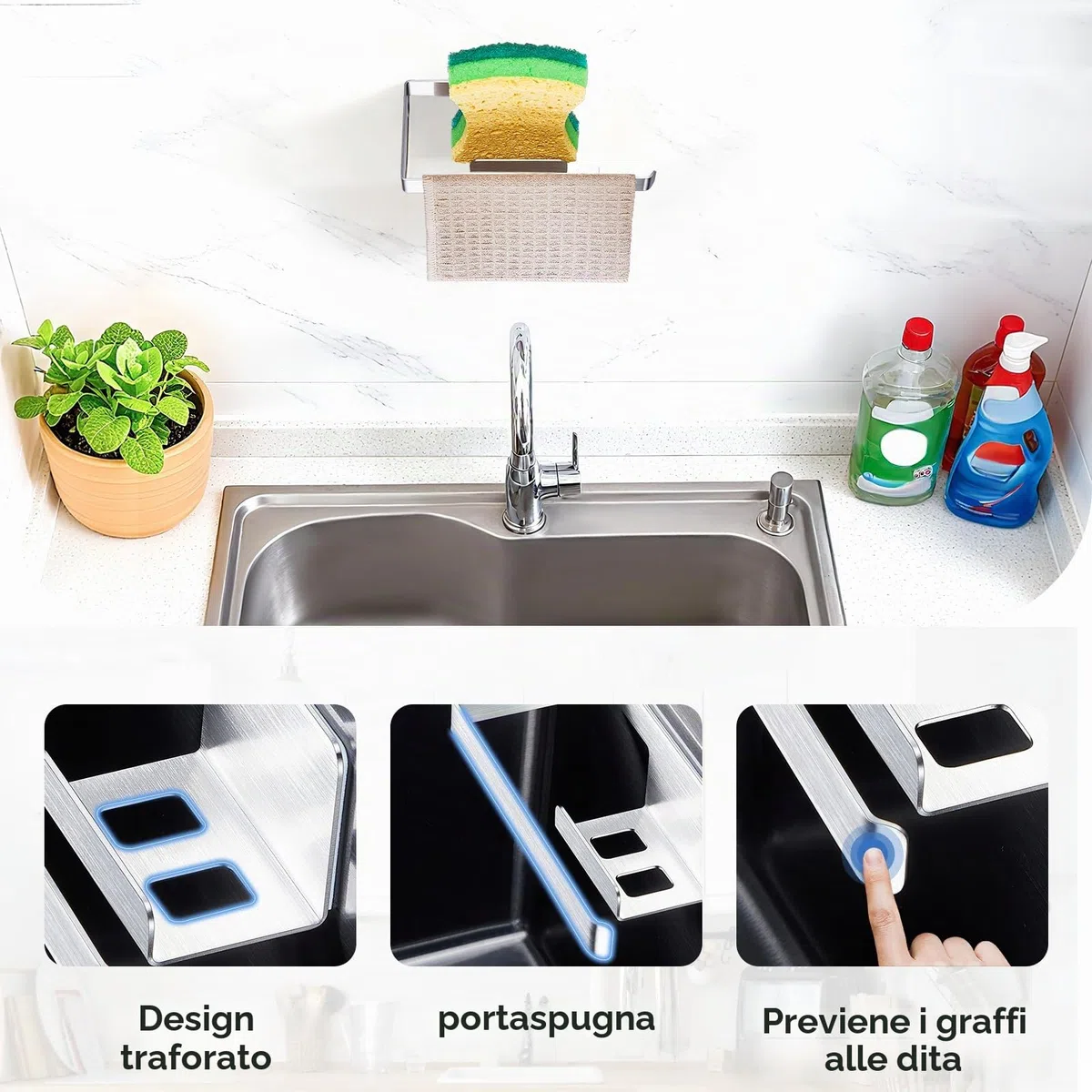 Porta Spugne Lavello Cucina, Portaspugne per Lavello Cucina Autoadesivo, 2 in 1 Porta Spugnette Lavandino Cucina da appendere, Acciaio Inox Porta Stracci Cucina, Argento
