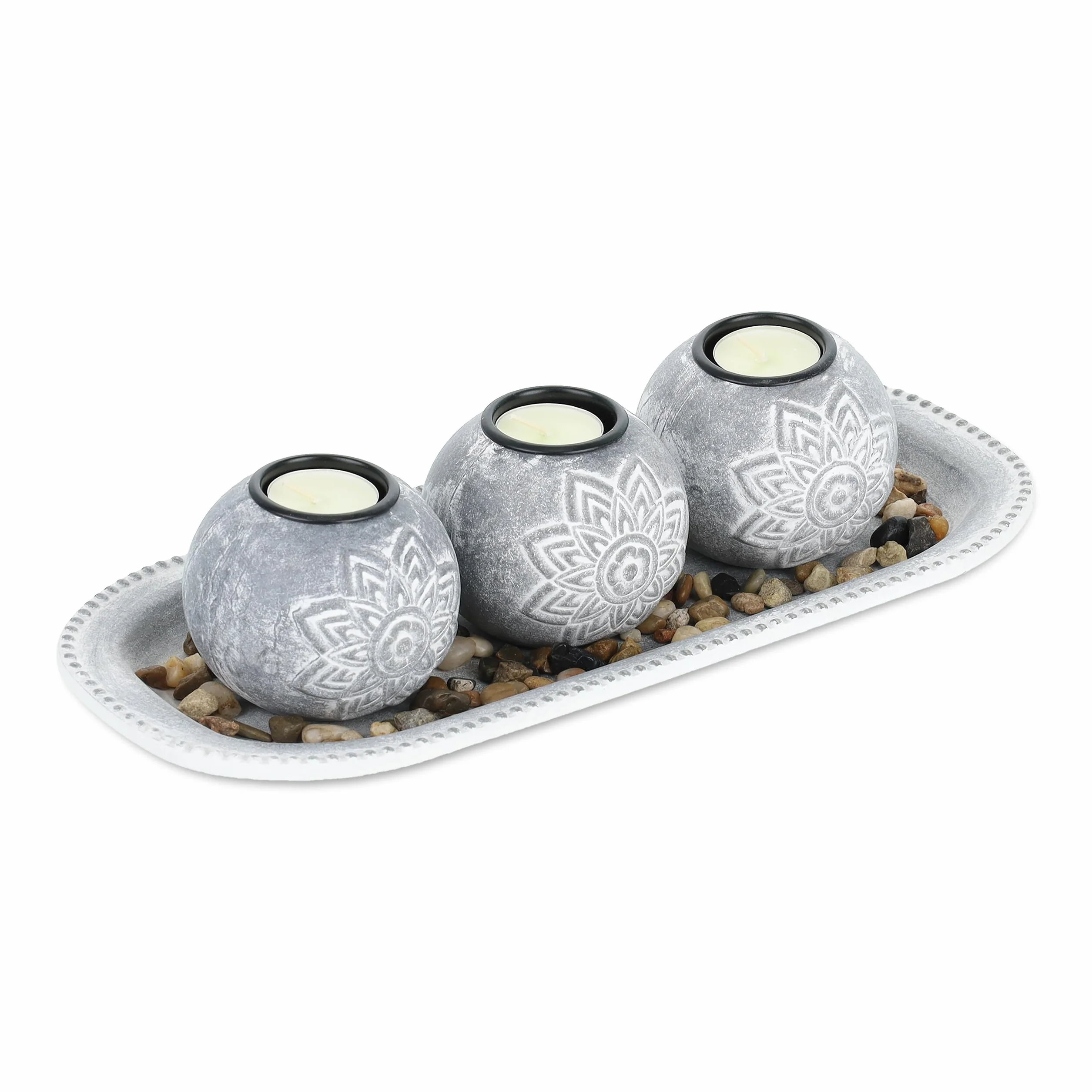 Relaxdays Portacandele Decorativo con Vassoio e Pietre, Lungo 35 cm, Decorazione per Tavolino e Soggiorno, Grigio Bianco
