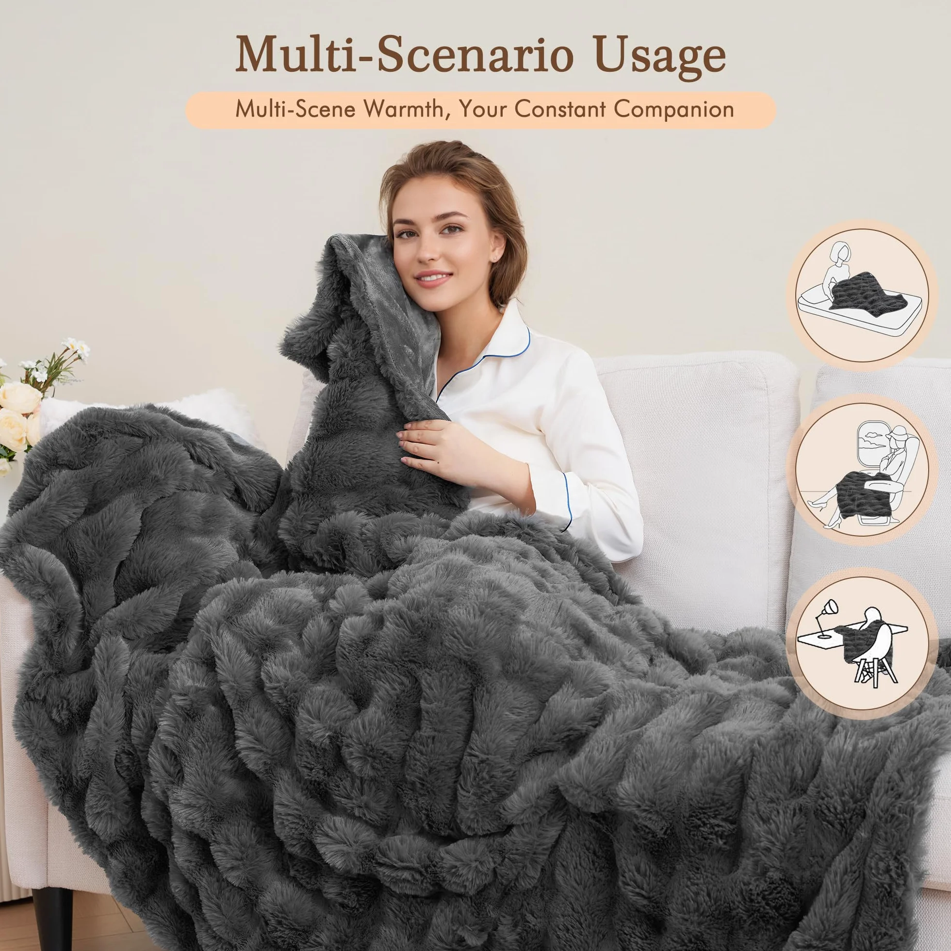 Coperta Elettrica Riscaldante 130x180 cm per Letto e Divano, Peluche Coniglio e Flanella, 4 Livelli di Temperatura, Spegnimento Automatico 10 Ore, Lavabile in Lavatrice