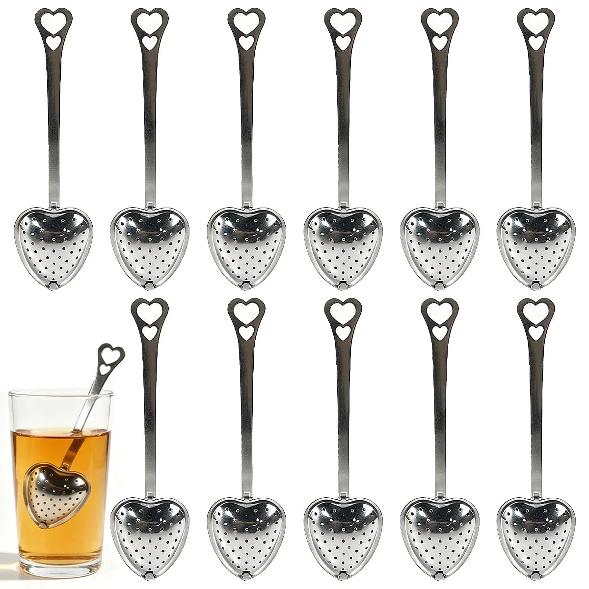 12 Pezzi Infusore per Tisane, Filtro Tè con Manico Colino Infusore Per Tè A Forma di Cuore in Acciaio Inox Infusore per Tè Infusore tè Colino Tisane Filtro Te Infusione per Spezie,Erbe