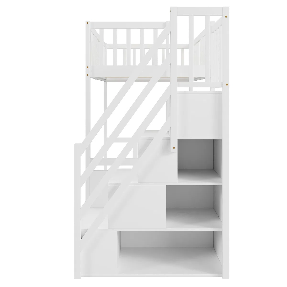 Kebnor Letto a soppalco 90 * 200 cm con scala di sicurezza e vano portaoggetti, struttura letto in legno di pino massello per bambini e ragazzi (Bianco)