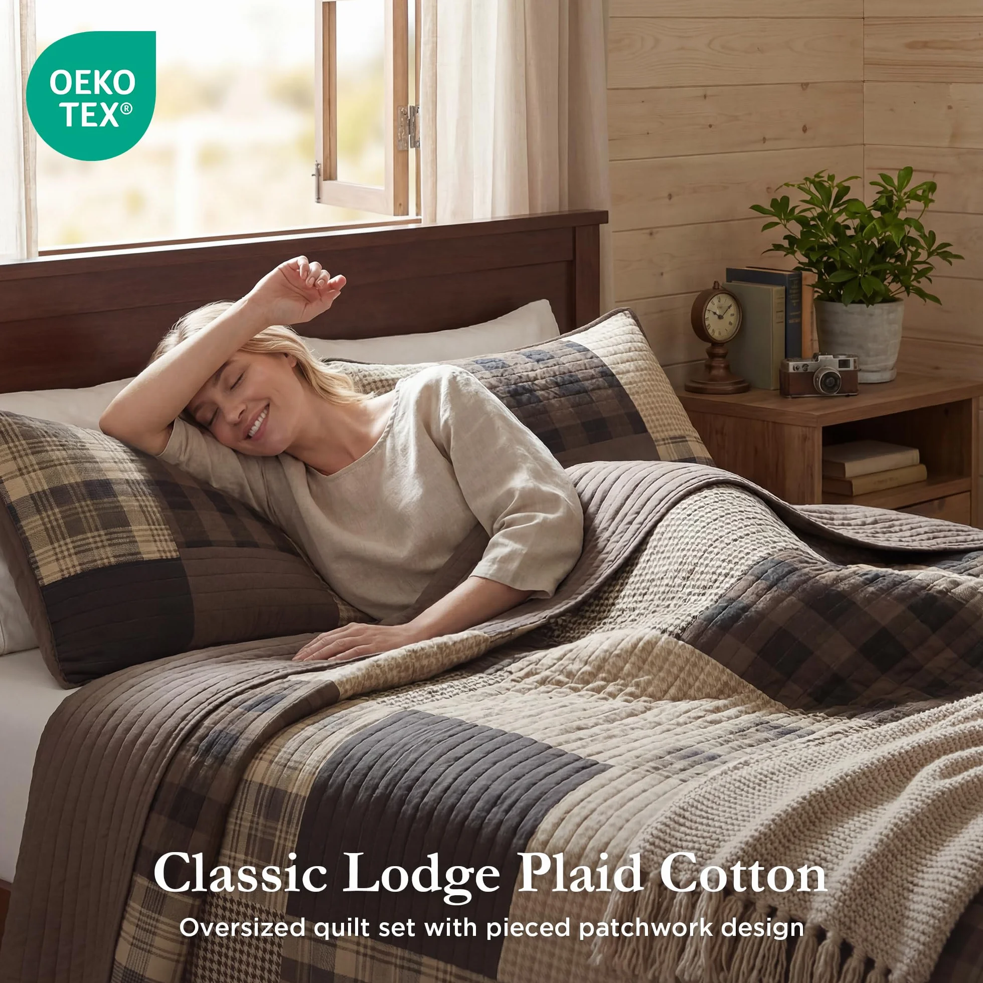 WOOLRICH Set trapunta Cottage Styling Reversed to Tinta Unita, Cotone, Plaid Tan, Oversize Cal King