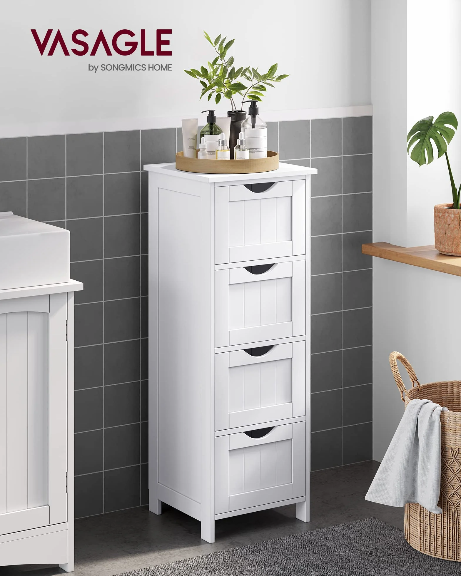 VASAGLE Mobile da Bagno, Cassettiera, Armadio Autoportante, con 4 Cassetti, 30 x 30 x 82 cm, per Bagno, Soggiorno, Sala da Pranzo, Cucina, Stile Moderno, Bianco LHC40W