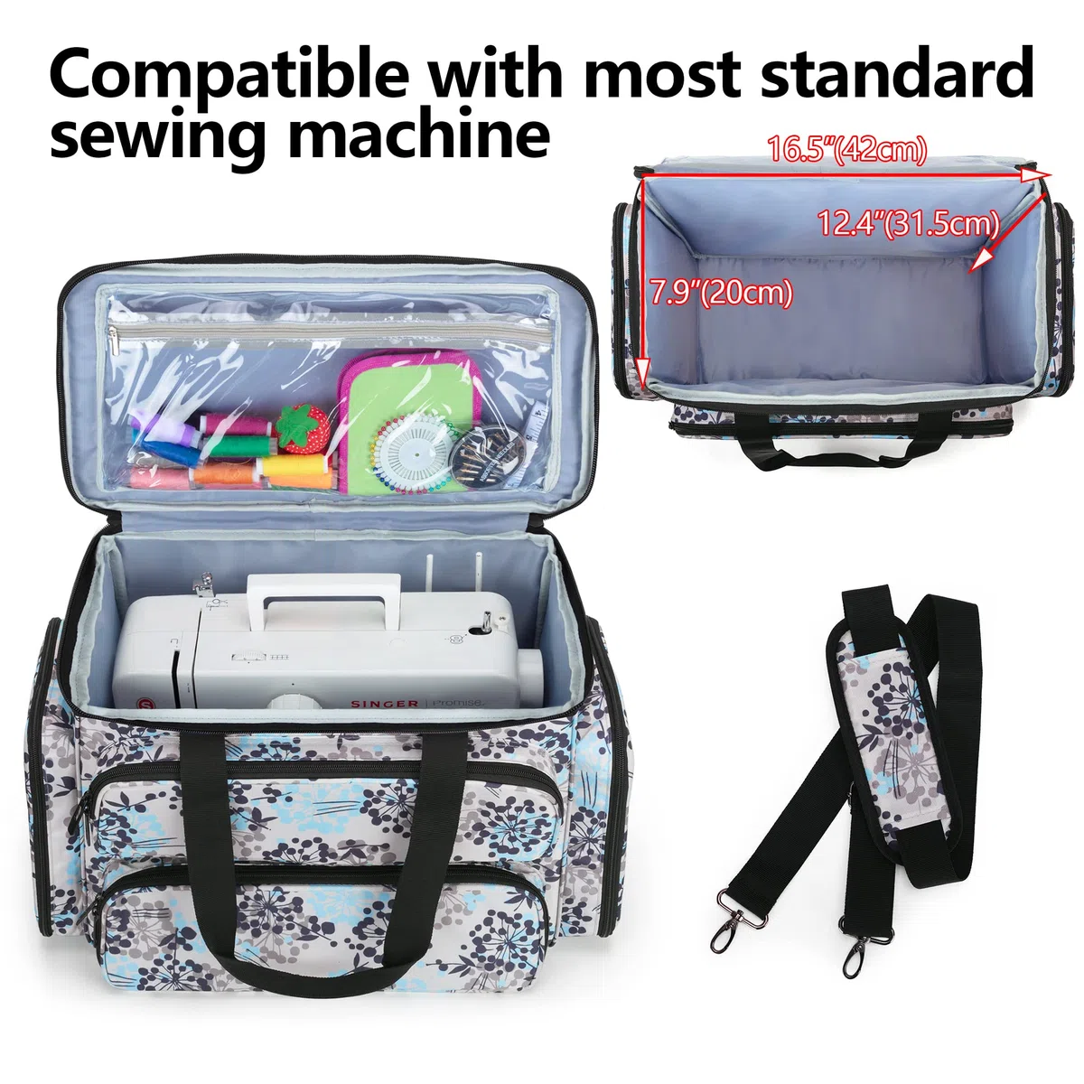 CURMIO Borsa da Trasporto per Macchine da cucire per la Maggior Parte delle Macchine da Cucire Standard, Borsa da Viaggio Portatile con Scomparti, (Solo Borsa), Dente di leone