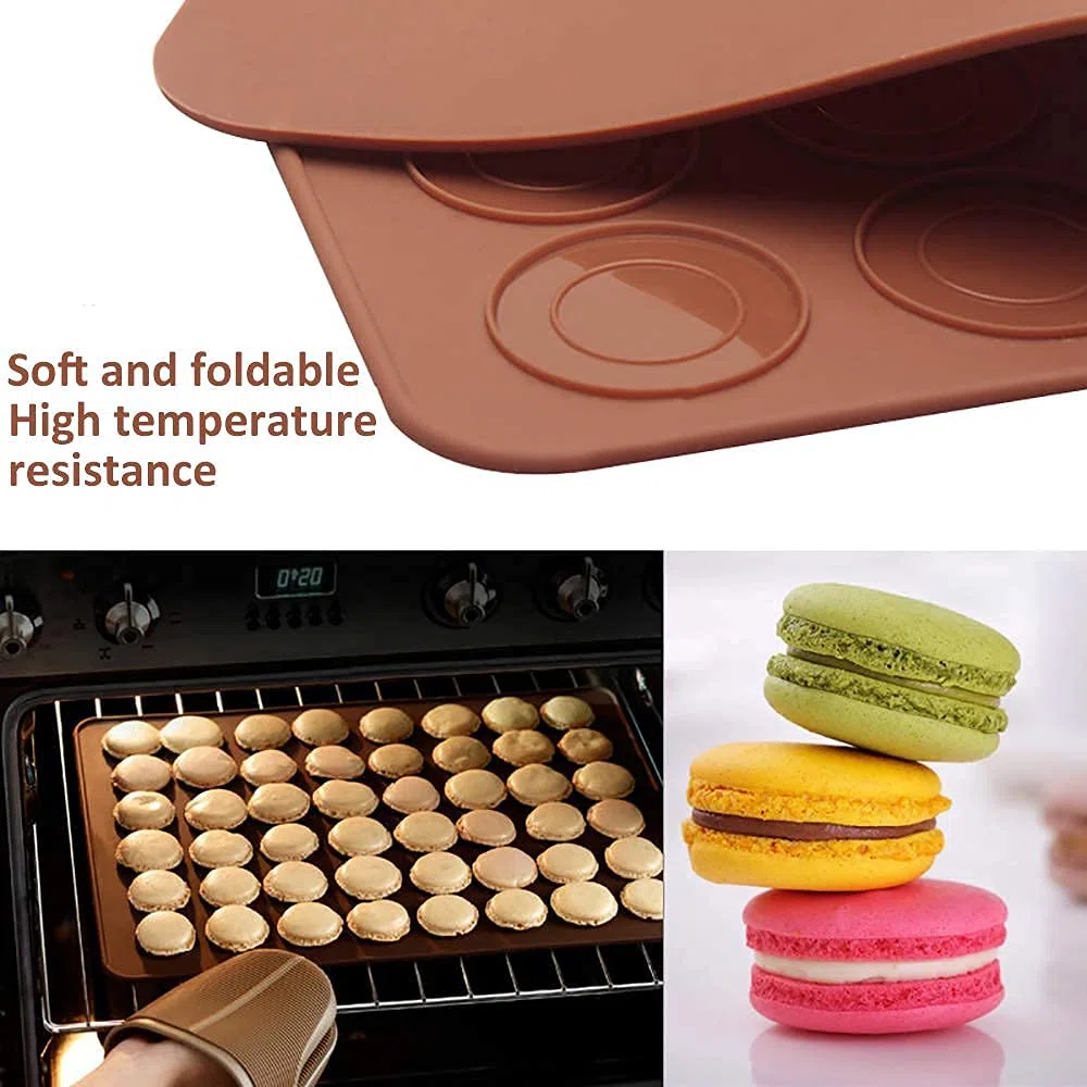 GROOFOO Set di Stampi Macarons Stampo in Silicone, 48 Conchiglie Vassoio da Forno Antiaderente con Set di Penne Decorative e 4 Bus per Macaron, Cupcake, Dessert