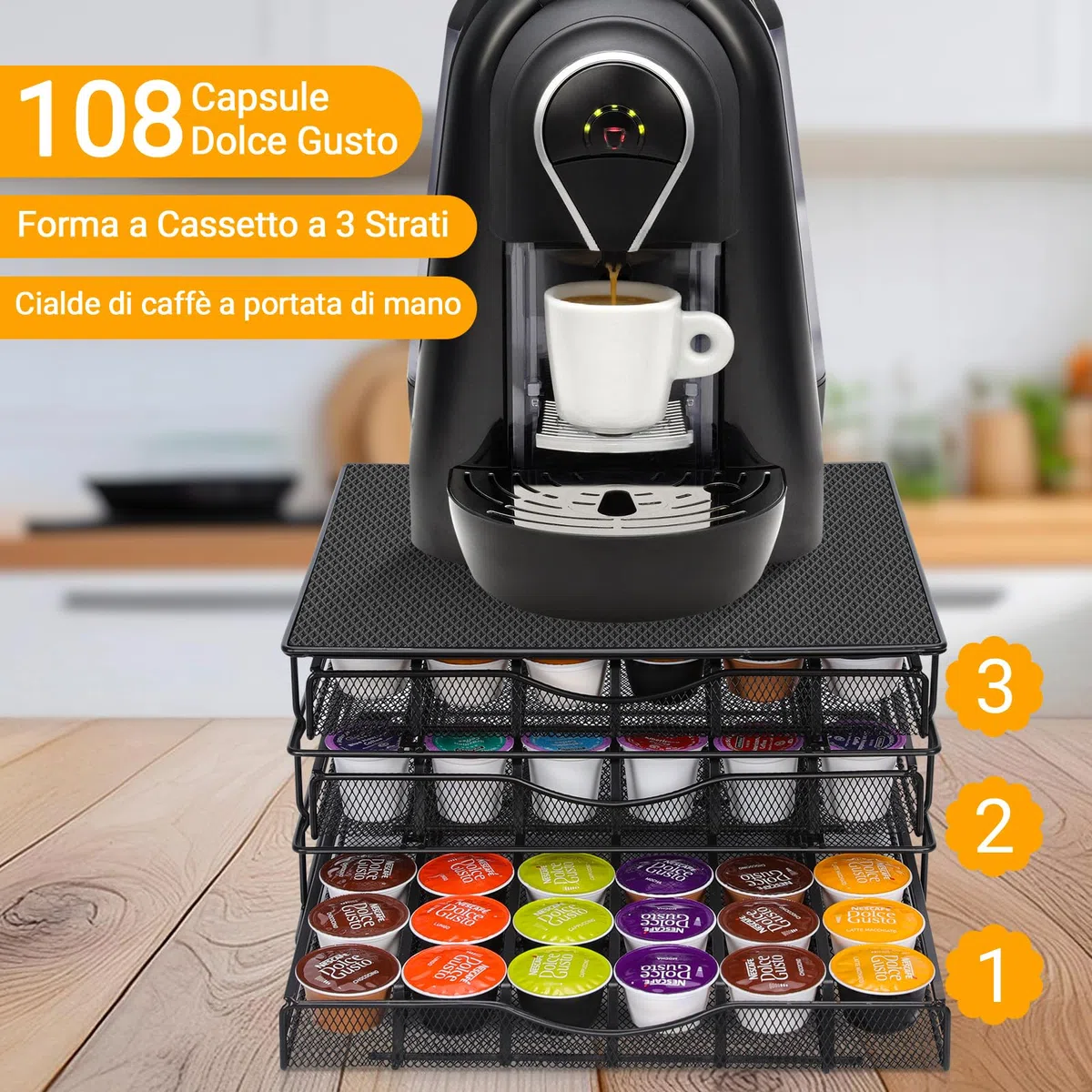 MASTERTOP Cassetti Capsule Dolce Gusto 108pz, Porta Capsule Antiscivolo a 3 Cassetti, Dispenser Capsule di Grande Capacità con Supporto Antivibrazioni in EVA per Macchina Caffè