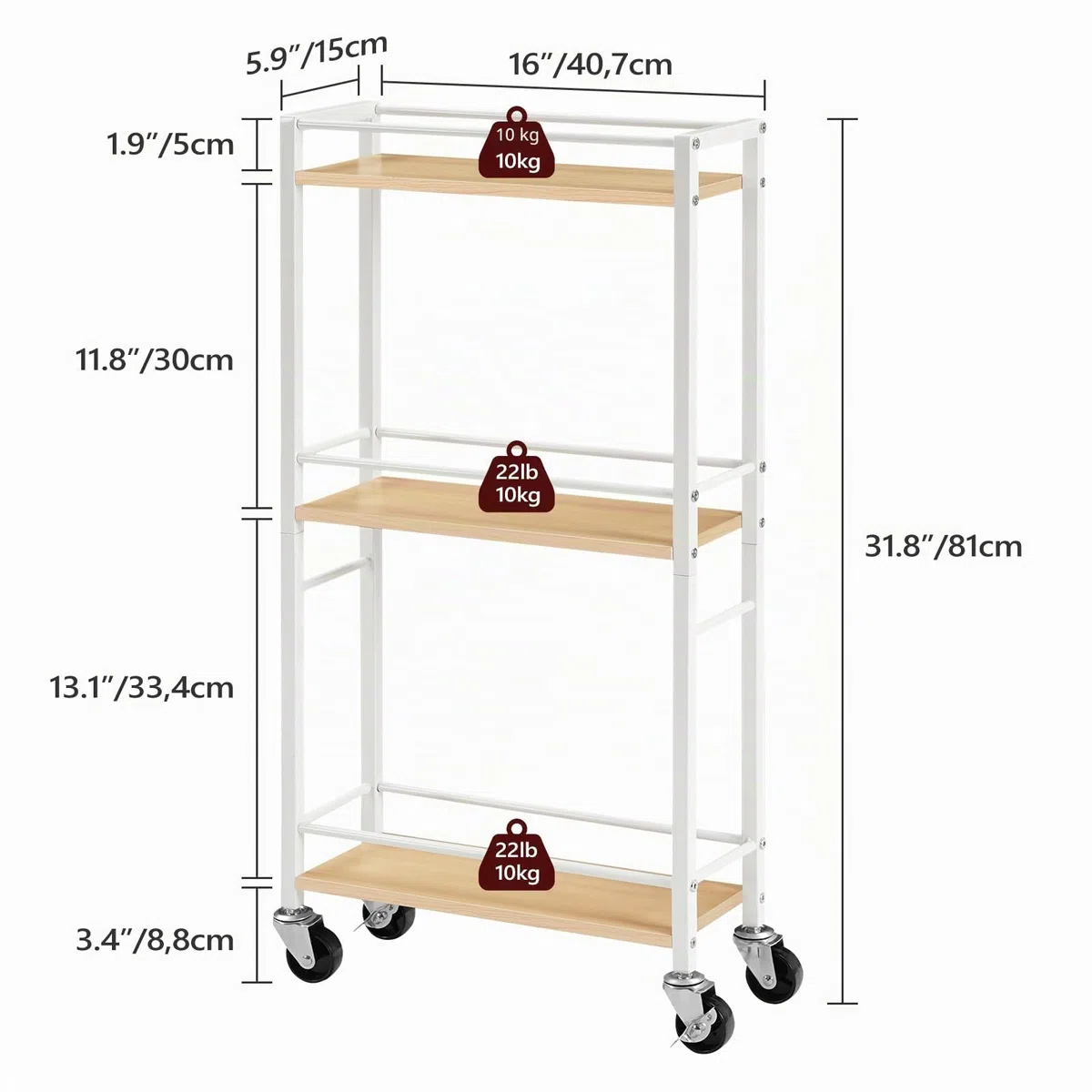 MAHANCRIS Carrello Sottile a 3 Ripiani, Stretto con Ruote, Pratico Carrello Portaoggetti, Scaffale da Cucina in Legno, Per Spazi Ristretti in Sala da Pranzo, Bagno