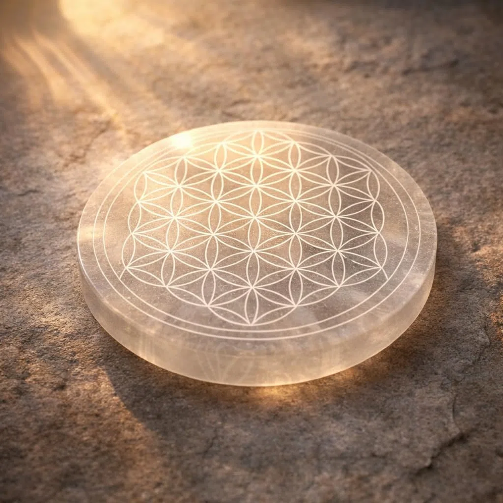 NKlaus Disco di Selenite Naturale Fiore della Vita 12cm Griglia Energetica Chakra Disc 15319