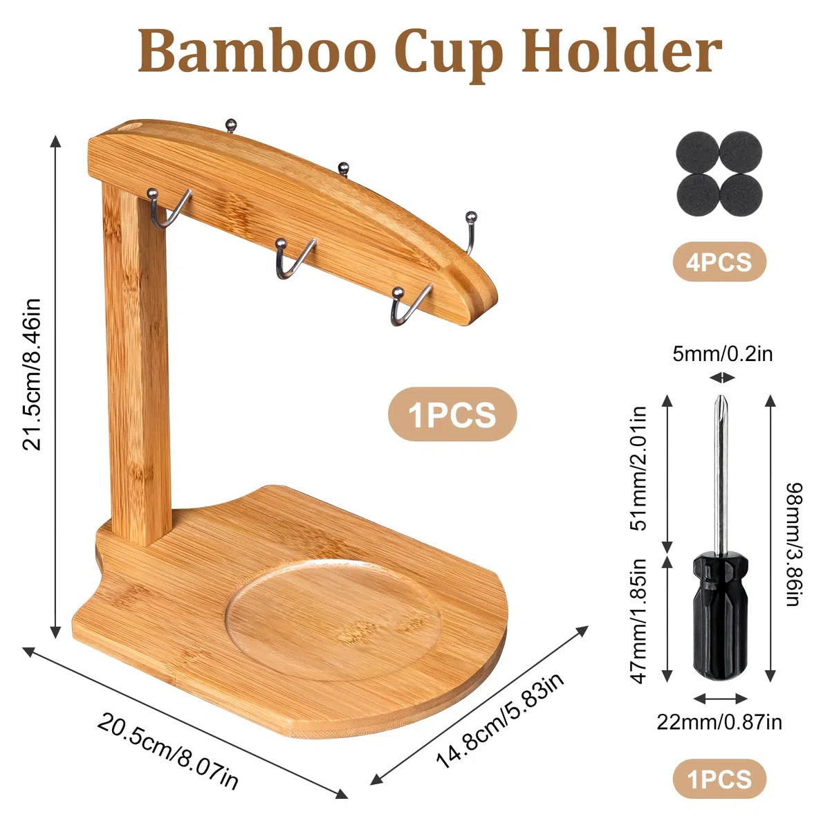 Porta Tazzine da Caffè con 6 Ganci Porta Tazze da Caffè in Bambù Supporto Tazze da Appendere con Base Espositore per Tazze da Caffè e Piattini Portabicchieri per Cucina Sala da Pranzo