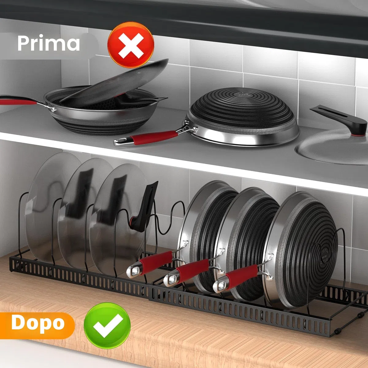 Zanfqvo Porta Coperchi Pentole, Organizer Padelle con 10 Scomparti Regolabili, Porta Padelle Salvaspazio, Portacoperchi Allungabile, Contenitore da Cucina per padelle, coperchi e Piatti