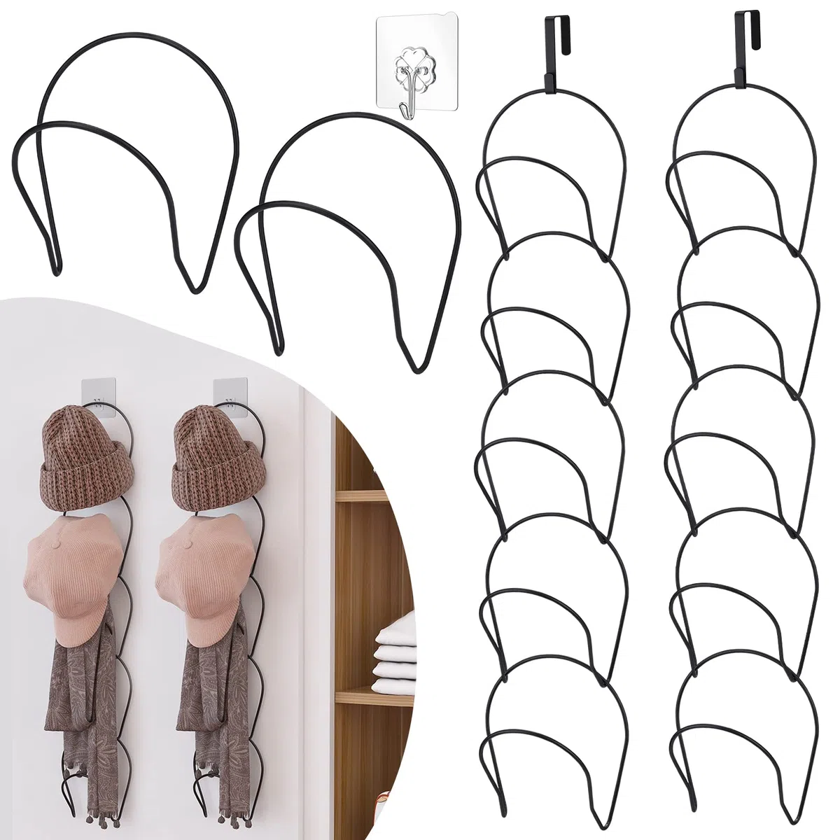12 pezzi Appendiabiti Rack Organizzatore Armadio Appeso Cappello Baseball Display Storage Rack per sciarpe, borse, asciugamani, cravatte Sopra la porta, montato a parete con ganci