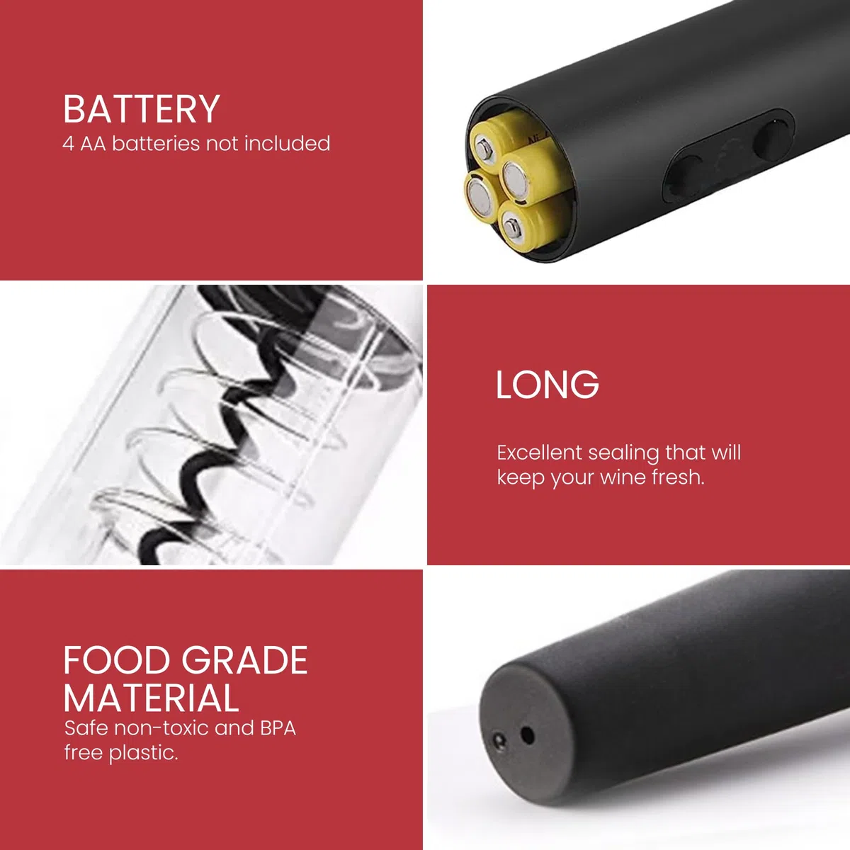 Cavatappi Elettrico, Apribottiglie per Vino con Taglierina, Versatore per Vino, Tappo Sottovuoto. Acciaio Inossidabile. Funziona con 4 Batterie AA (non incluse).