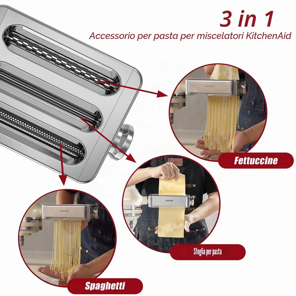 Accessorio per macchina per la pasta interamente in metallo per KitchenAid, accessorio per pasta 3 in 1 per planetaria KitchenAid, accessorio per sfogliatrice per pasta fresca regolabile a 8 velocità.
