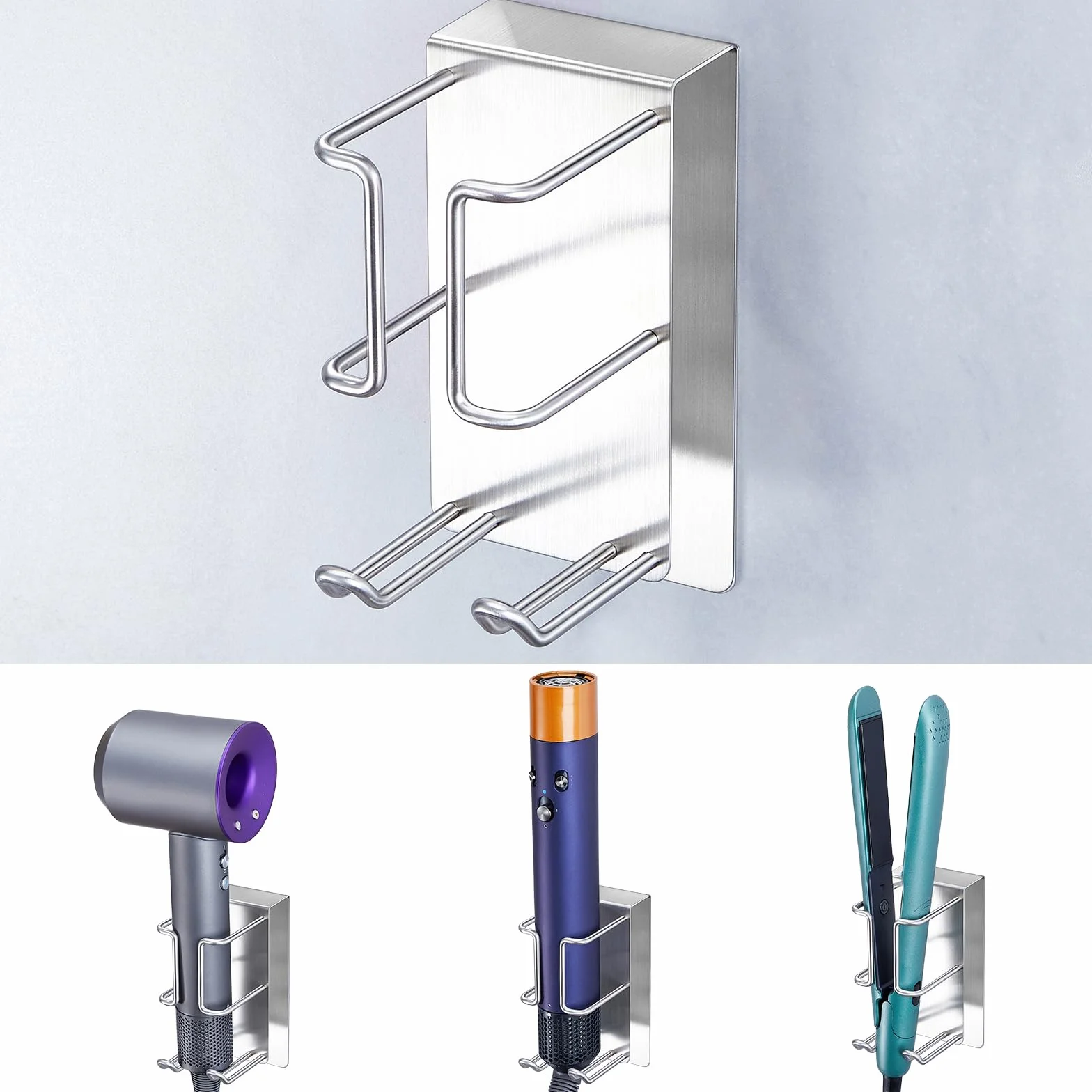 YYBO Porta phon e Piastra, Porta Piastra per Capelli Senza Foratura, Supporto Asciugacapelli da Parete Adesivo, Bagno Supporto per cilindri di arricciacapelli, Piastre (Argento)