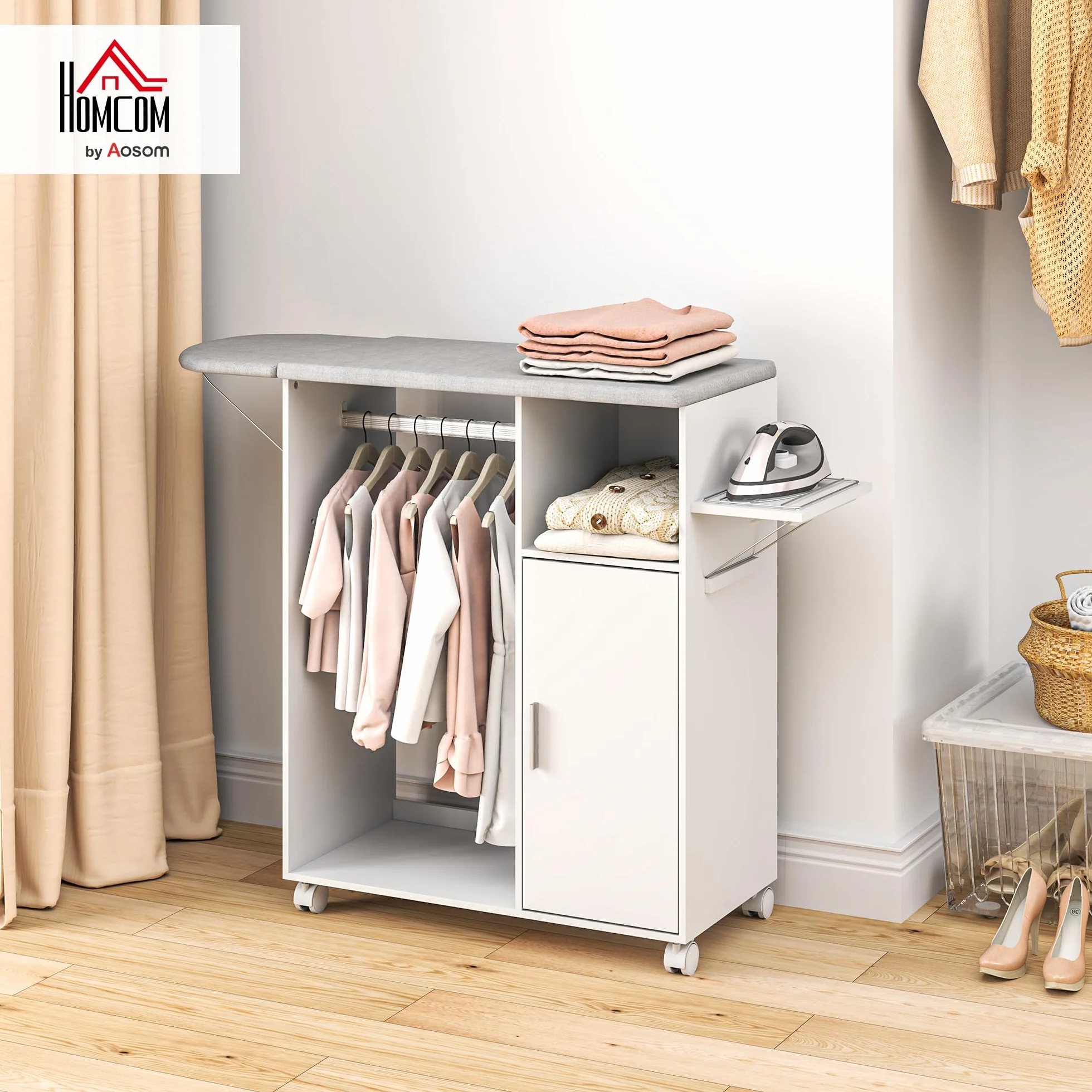 HOMCOM Mobile Asse da Stiro in Truciolato e Spugna con Piano d'Appoggio in Tessuto Effetto Lino, 3 Ripiani a Cubo e Guida per Appendere, per Lavanderia, Bagno, 127x42.5x99 cm, Bianco