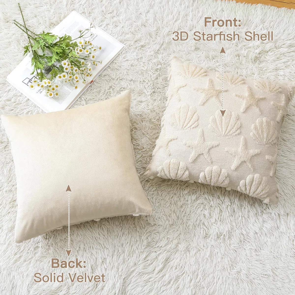 Artscope 2 Pezzi Stella del Mare e Conchiglie Federe in Lana Corta Velluto Copricuscini Morbido Decorativo Fodere per Cuscino Vacanza Stile per Divano Camera da Letto Beige 40x40 cm