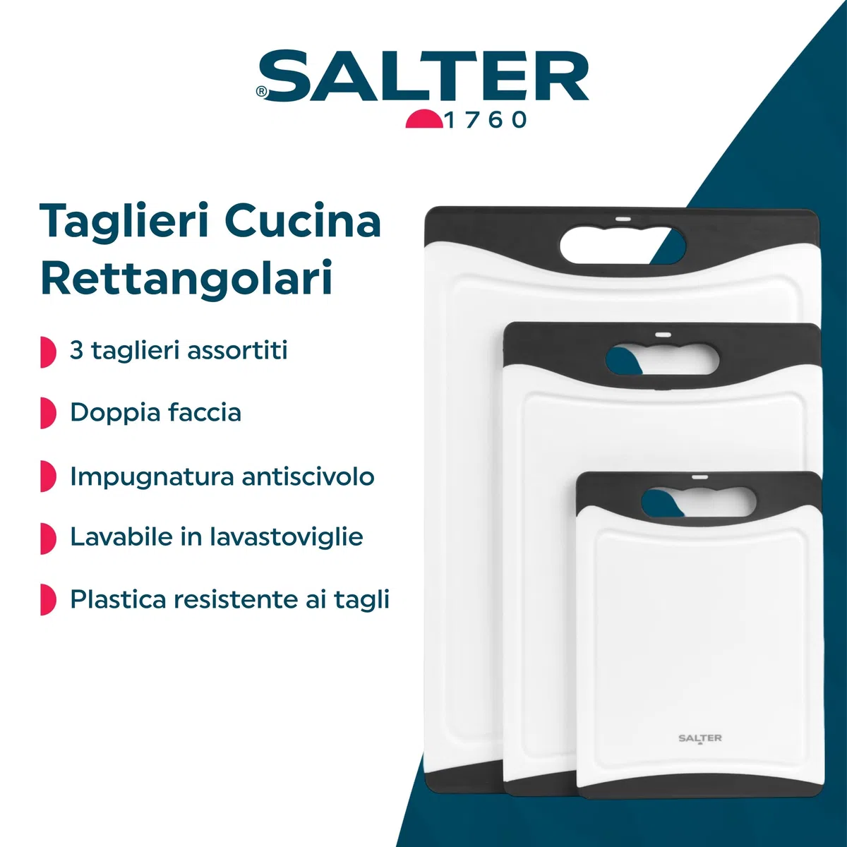 Salter Set di taglieri in plastica da 3 pezzi - Set di 3 taglieri su entrambi i lati, antiscivolo, facile da pulire, lavabile in lavastoviglie, preparazione di cibi, piccolo, medio e grande