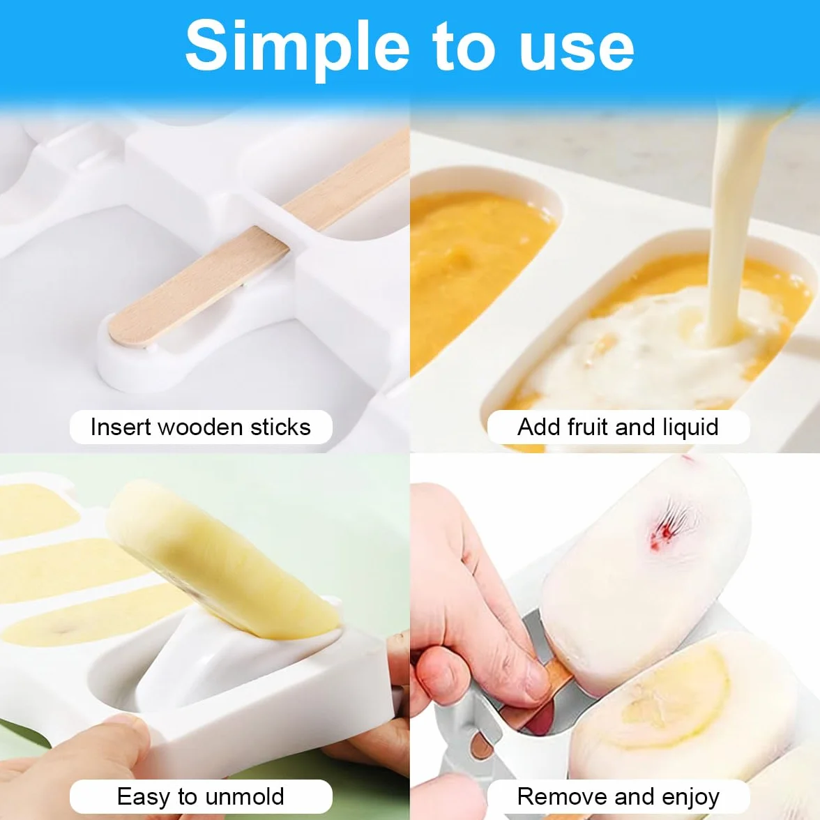 3 Packed Grandi Stampi per Gelato in Silicone,4 Cavità Stampo per Ghiaccioli,Stampo in Silicone per Gelato,riutilizzabili,senza BPA,Stampo in Silicone per Gelato,Perfetto per il DIY Stampi