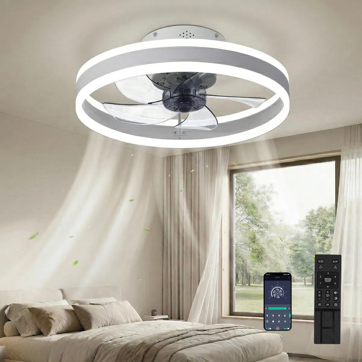 DATO Ventilatore da soffitto con luce, 3 temperature di colore e 6 velocità, controllo tramite app/telecomando, silenzioso, dimmerabile (Bianco, 50CM)