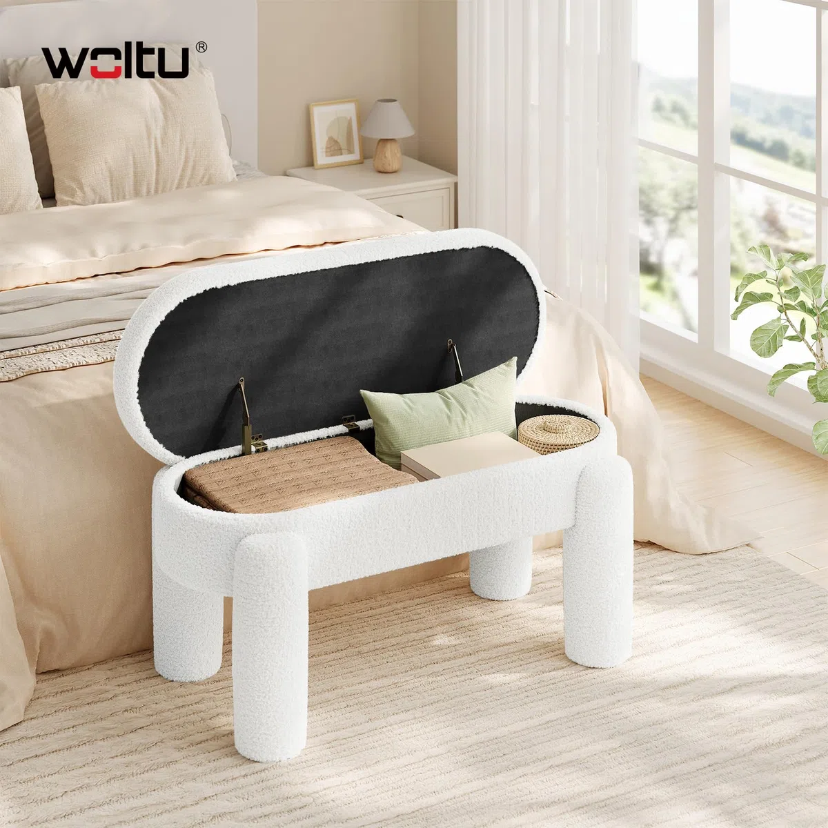 WOLTU Panca Contenitore, Panca Imbottita in Tessuto Teddy, 114x47x53 cm, Poggiapiedi Divano, per Camera da Letto, Soggiorno, Ingresso, Portata 250 kg, Moderno, Bianco