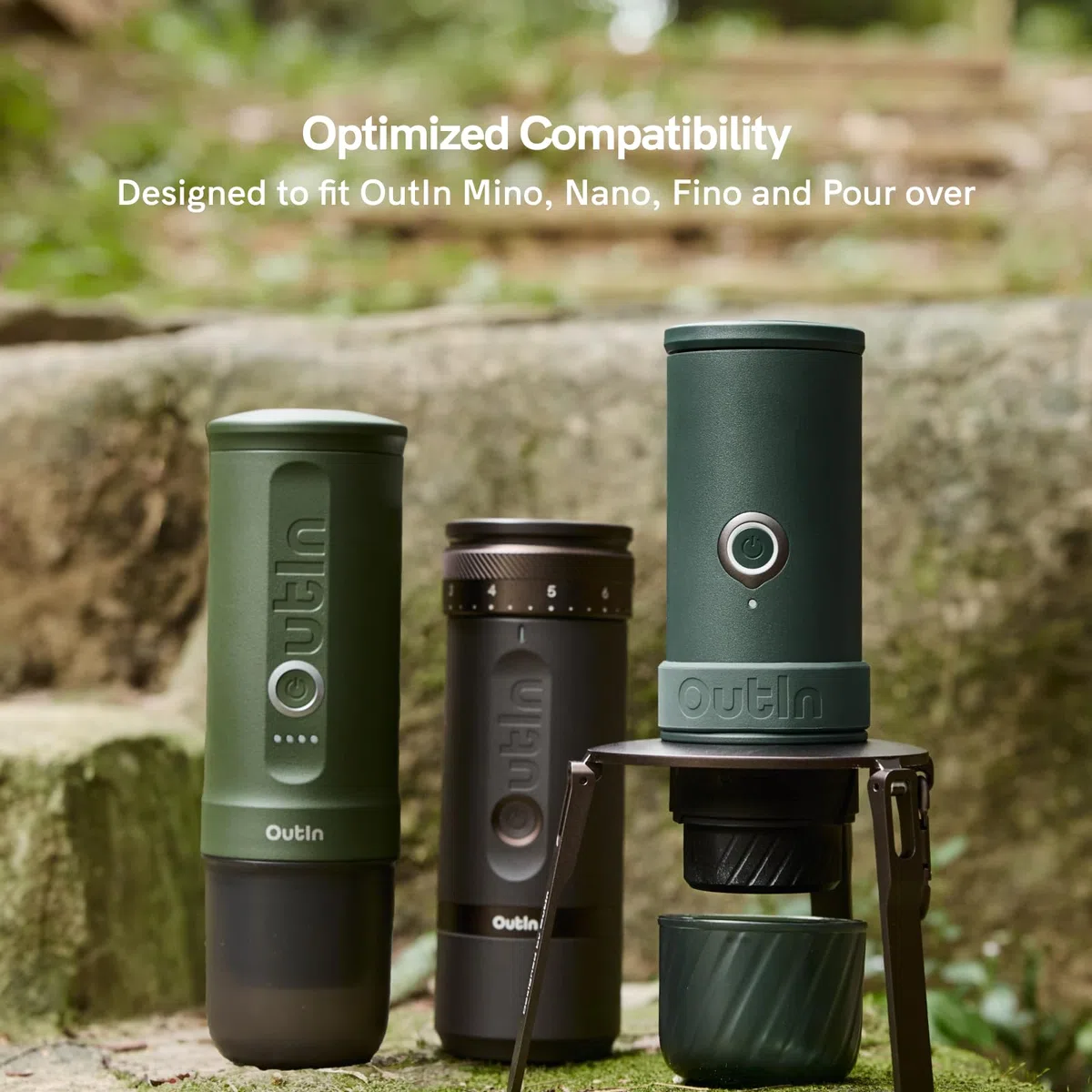 OutIn supporto da Caffè Pieghevole e Ultra-Portatile con Moschettone, Stabile per Macchine da Caffè Espresso, Design Monoblocco in Alluminio, Compatibile Mino e Nano