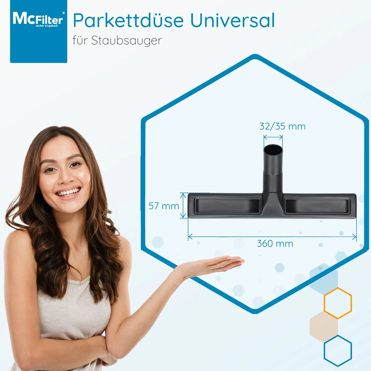 McFilter | Bocchetta universale per pavimenti duri 32/35 mm Bocchetta per aspirapolvere 360 mm extra larga compatibile con Siemens, Bosch, Miele, 2 ruote, pelo morbido