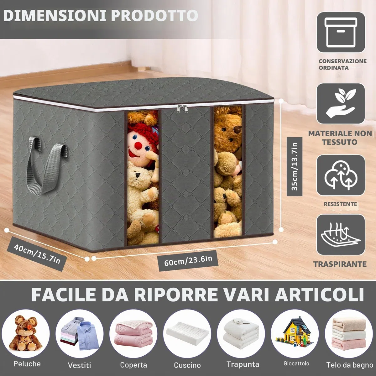 Frasheng Borsa portaoggetti, 6 pezzi da 85 l, organizer per guardaroba, scatole pieghevoli per vestiti, copriletti, biancheria da letto (grigio)