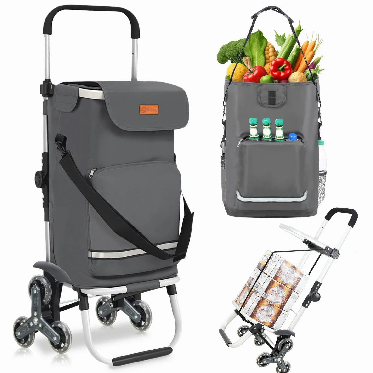 Sekey Carrello della Spesa Pieghevole con Funzione Saliscale, Carrello 3 in 1 con Borsa a Tracolla e 3 Ruote, Trolley Ideale per Anziani, Spesa e Campeggio – Grigio