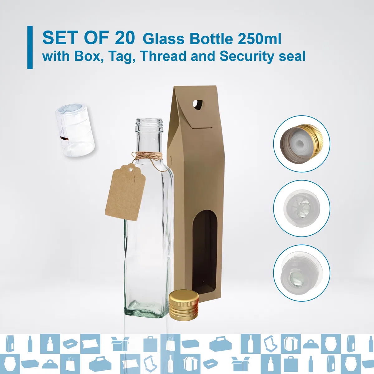 20 bottiglie in vetro da 250 ml con tappo a vite dorato con beccuccio versatore + 20 scatole + 20 sigilli + 20 etichette Kraft + spago | olio d'oliva, aceto, alcol, salse | olio di vetro