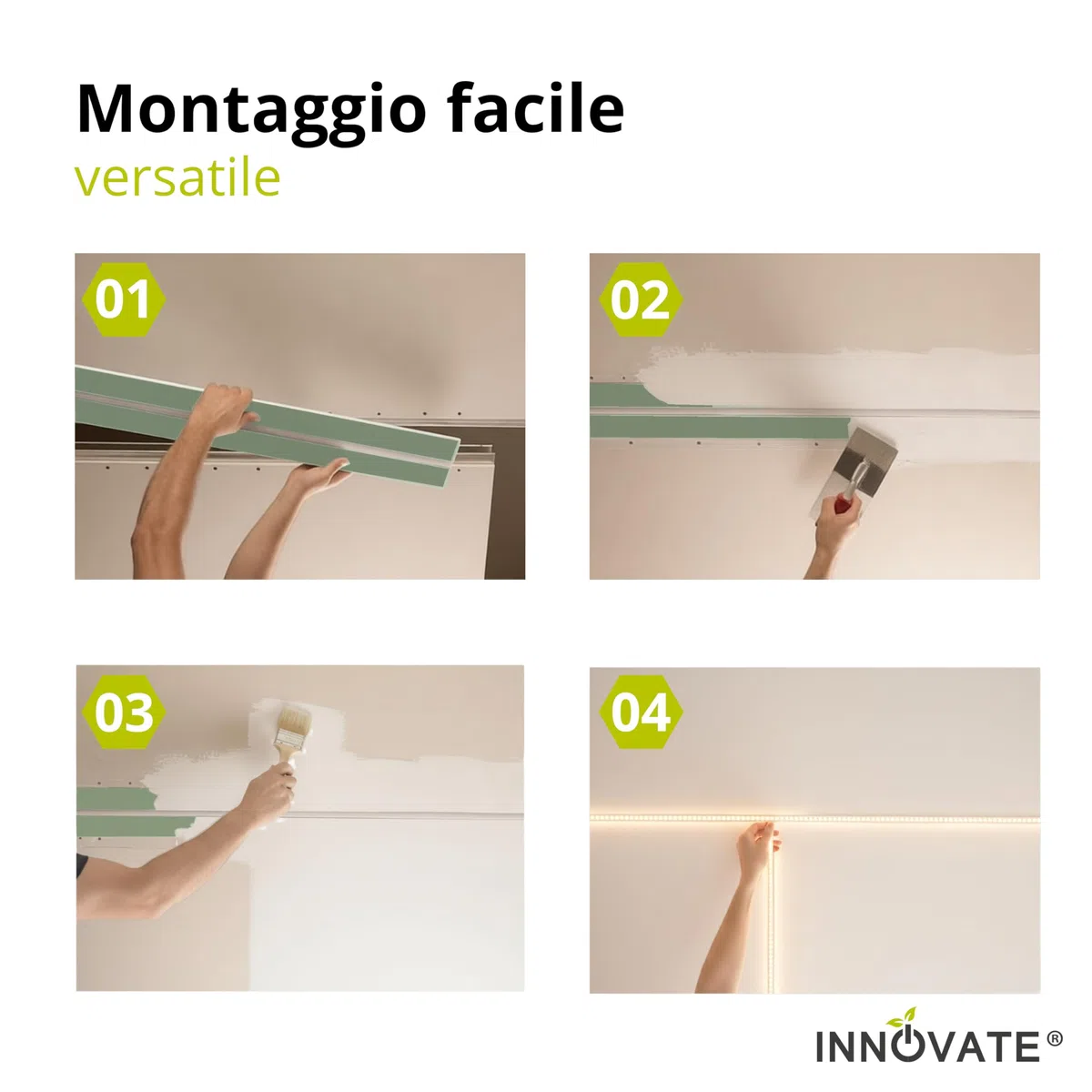 INNOVATE Binario tenda soffitto Cartongesso [incl. copertine e inserti] Profilo alluminio per LED striscia e Tende per interni I Bastone tenda Cucina bagno salotto Bastoni tende (1 Binario, 200 cm)