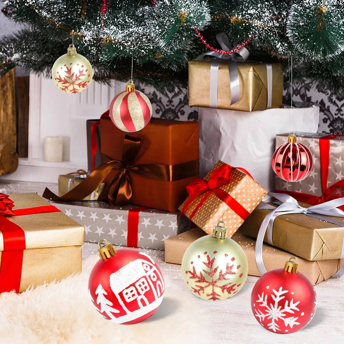 SULOLI 44 Pezzi Palline di Natale,Accessori Decorazioni Albero di Natale,Addobbi Palline per Albero di Natale (Oro-Rosso)