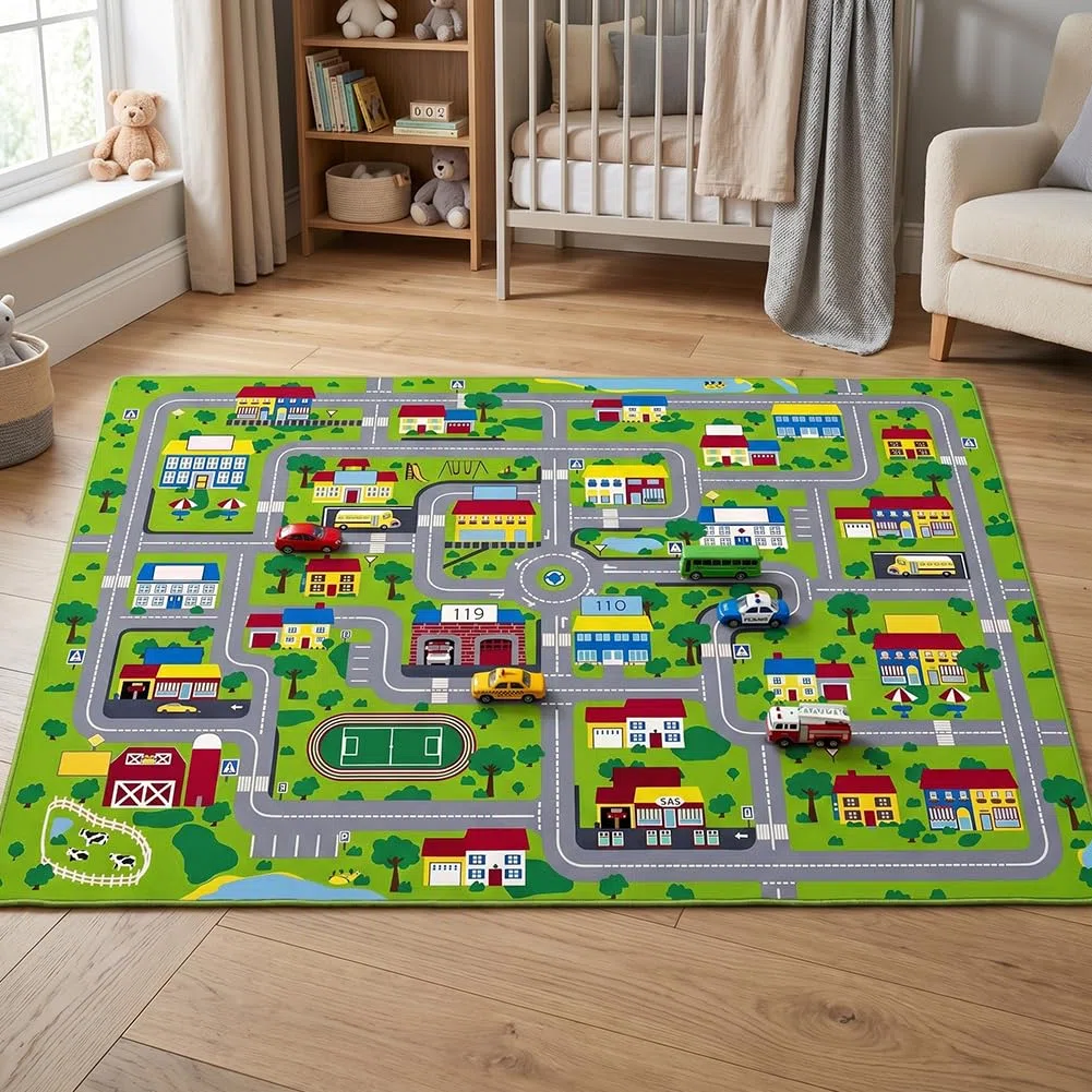 Tappeto con Tracciato Stradale Cartoon, Tappeto Mappa Città, Carpet in Fibra di Poliestere,Carpet Decorativo Antiscivolo e Lavabile per Ambienti Domestici-80x120cm