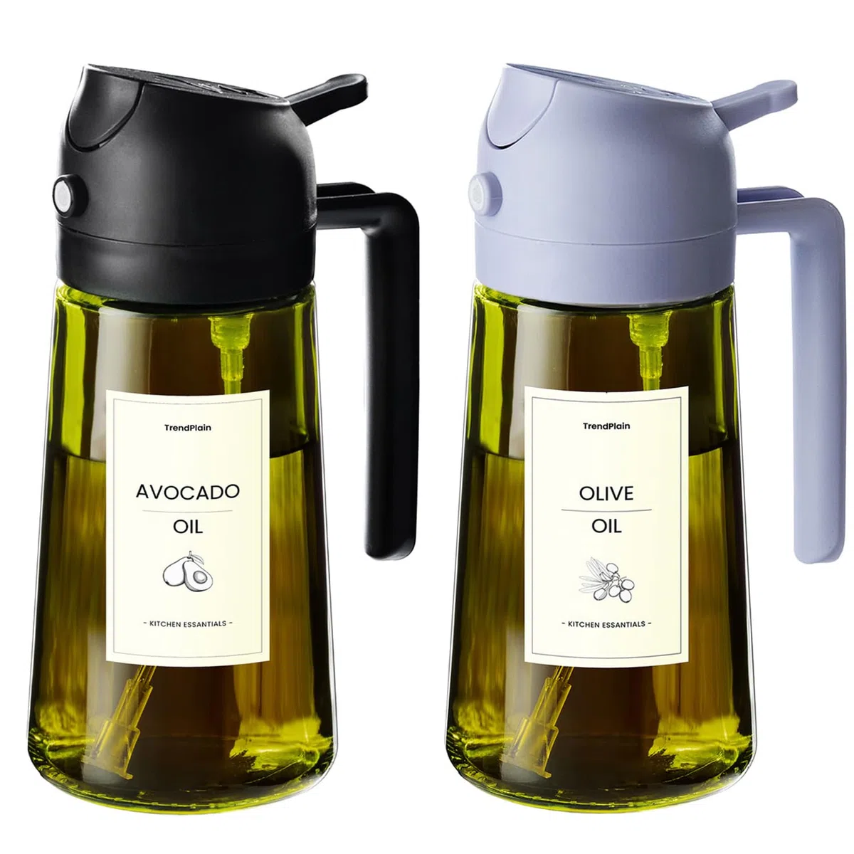 TrendPlain Spruzzino Olio per Friggitrice Aria 470ml, Dosatore Olio 2 in 1, Oliera Spray per Cucina, Insalata e Aceto, Accessori Cucina con Etichette e Protezione dalla Luce - Nero e Pervinca